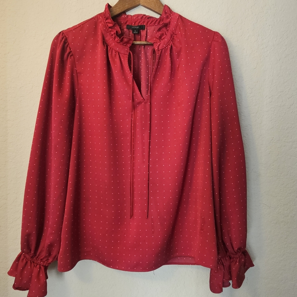 J. Crew Blouse Womens Large Red White Polka Dot Ruffle Sleeve High Low Hem